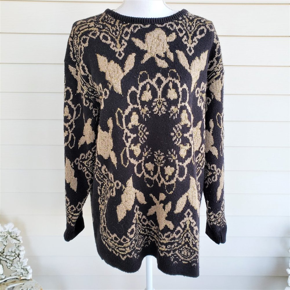 Vintage 80s Southern Lady Shiny gold thread embellished Intarsia Black S…